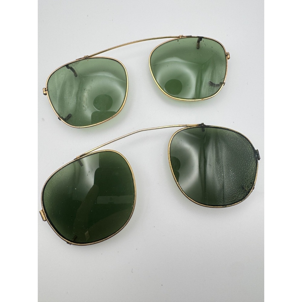Vintage Aviator Sunglasses Mid Century Clip On Gold Wire Green Glass Lens MCM